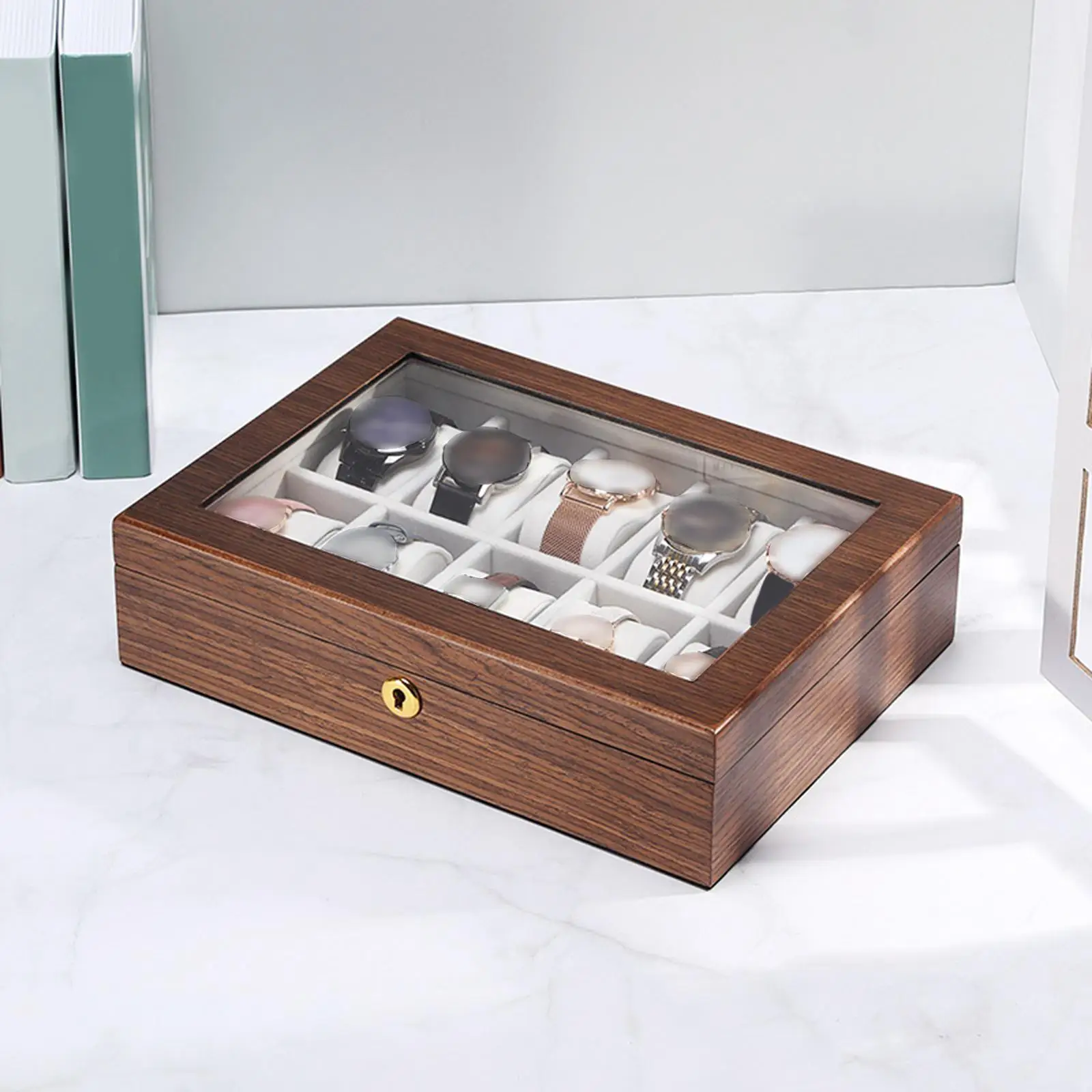 Wooden 10 Slot Watch Box Wrist Watch Storage Case Velvet Lining Lockable Design Clear Top Watches Exquisite Gift Organizer
