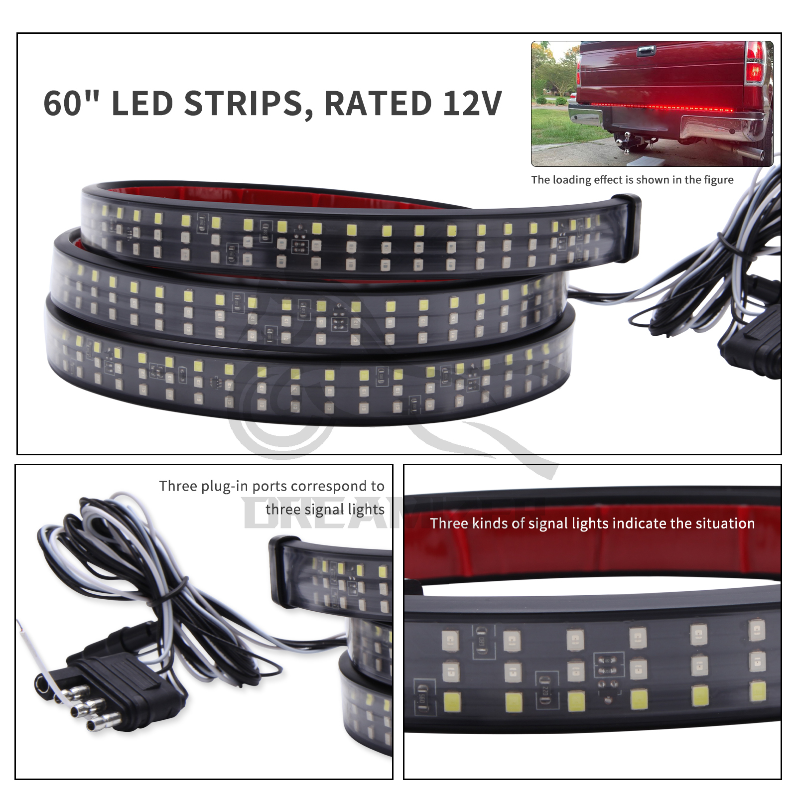 60" Tailgate LED Strip Bar Brake Turn Signal Tail Light LED Brake Light Strip Turn Signal Warning Reverse Light Waterproof