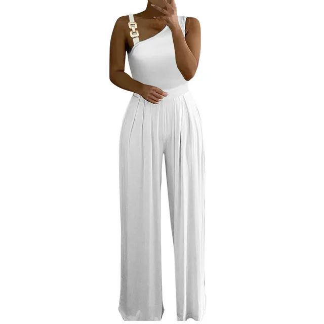 Overalls Women Sleeveless Metal Button Straps Jumpsuits Solid Wide Leg  Trousers Loose Rompers Ladies Casual Long Jumpsuit