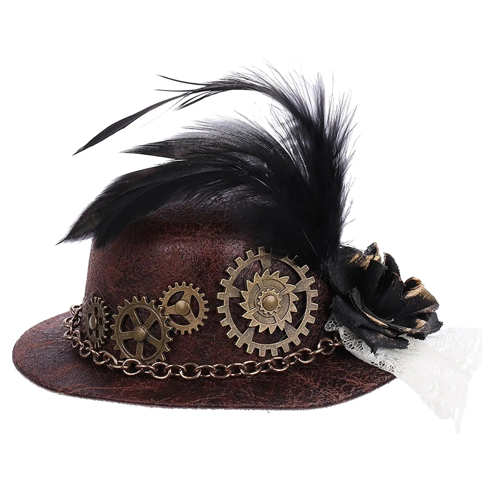 Goth Steampunk Mini Top Hat with Gear Feather Hair Clip, Jazz Hat Cosplay Costume Hat Renaissance Costume Halloween Accessory