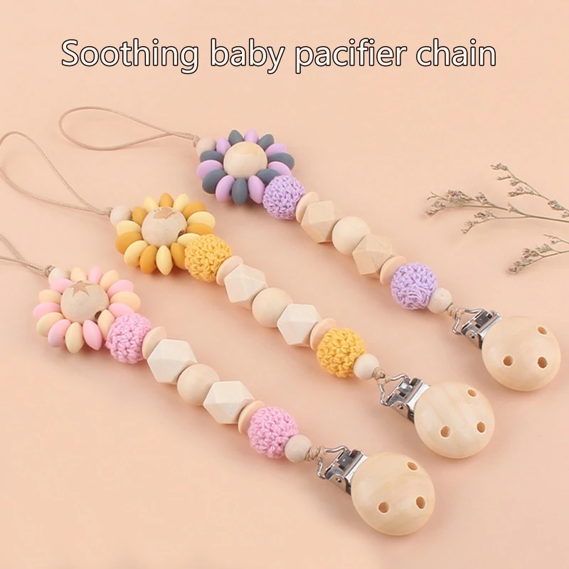Flower Wood Beads Chain Teether Pacifier Clip Infant Baby Soother Teething Toy S 