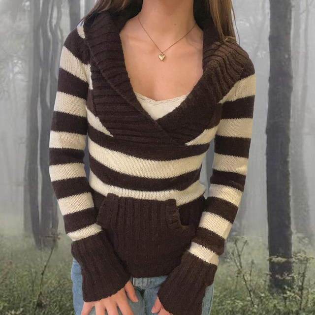 Y2K Brown White Striped Knitted Sweater Preppy Fairy Grunge 00s