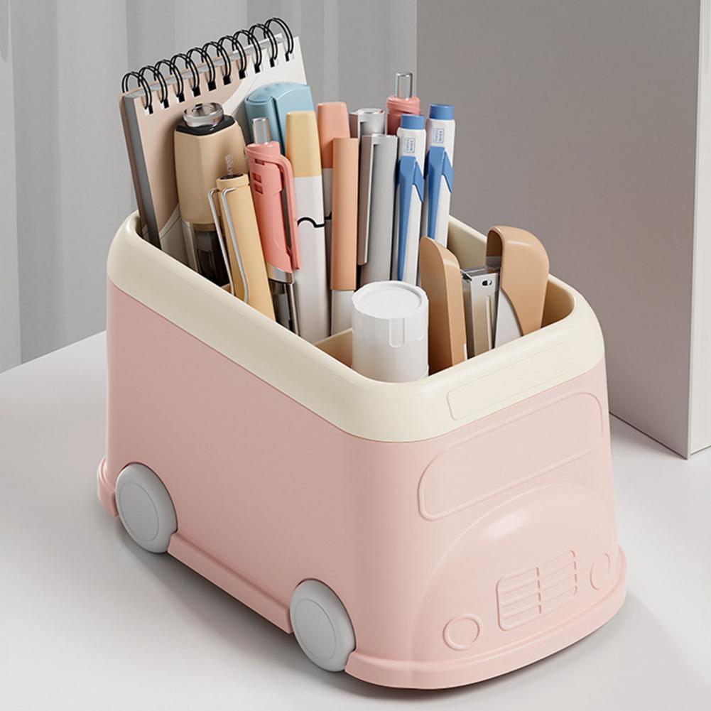 Desktop Pen Holder 3 Compartments Cute Bus Shape Multifunctional Stationery Pencil Organizer Container Storage Box