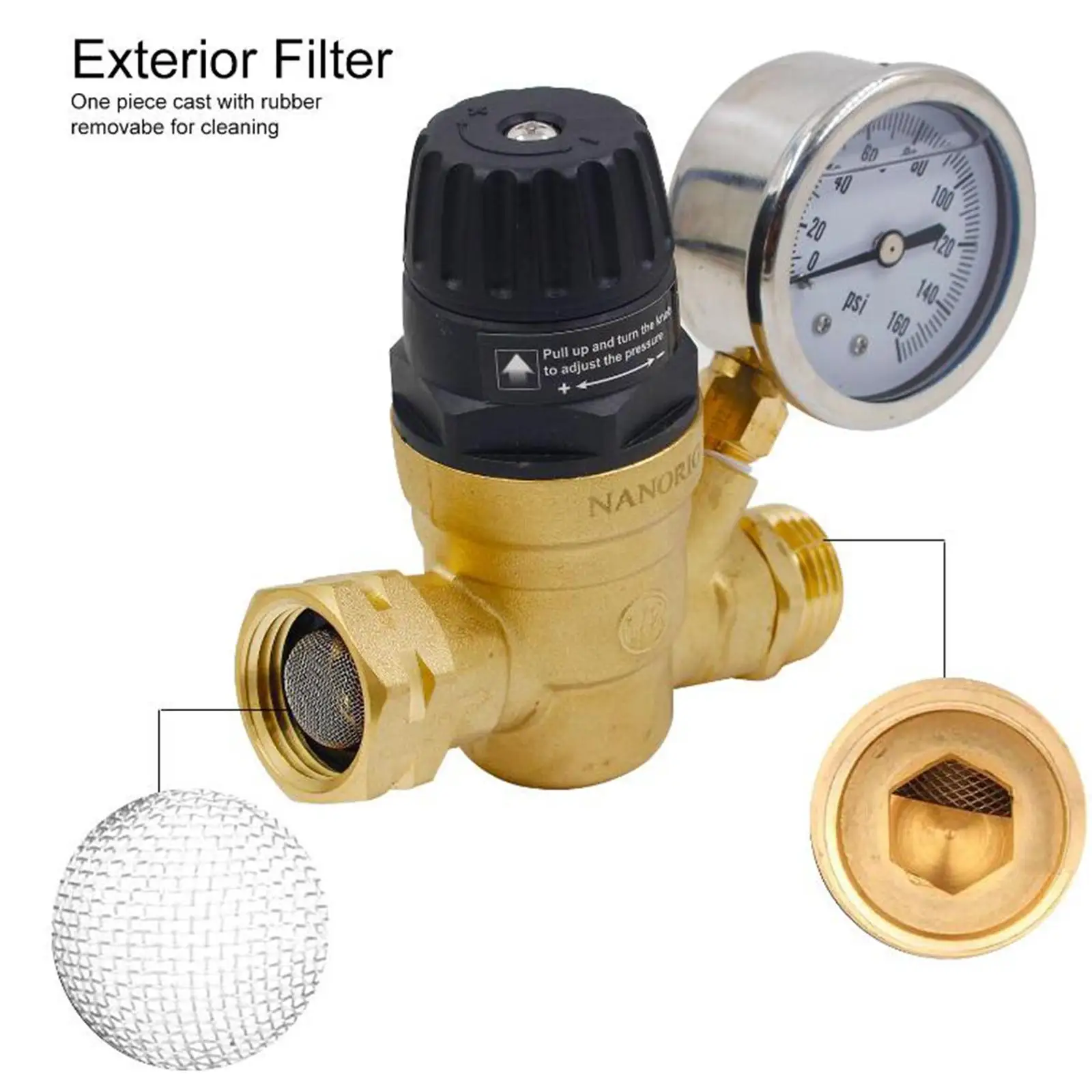 Water Pressure Regulator Multipurpose Brass with Gauge Adjustable Water Pressure Reducer for Travel Garden Hose Plumbing