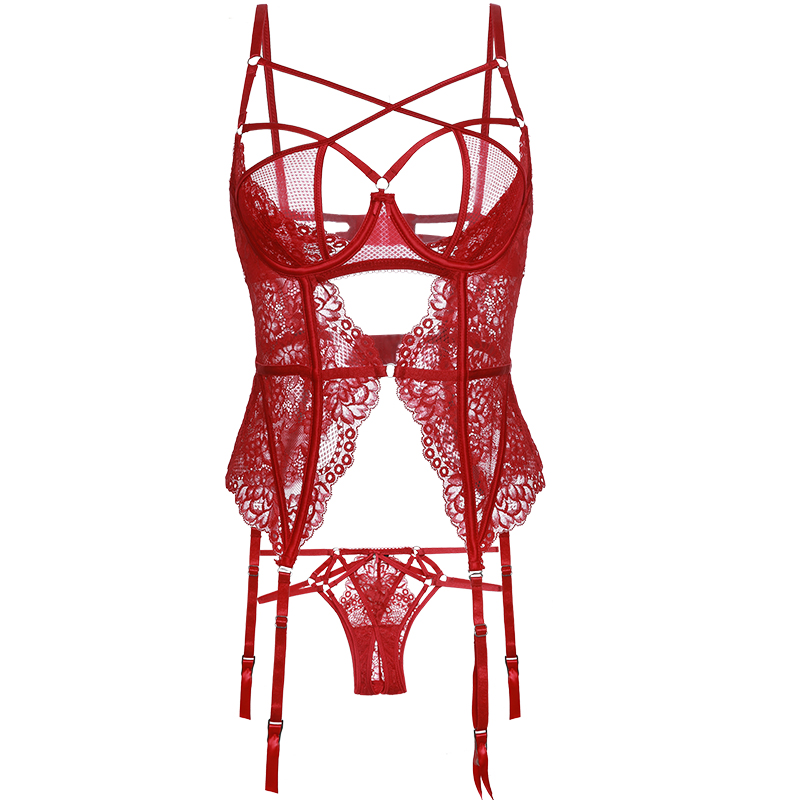 Red Bridal Bandage Sexy Lingerie Retro Openwork Push Up Underwear Splicing Mesh Bra Slim Top Corset and Panty Body Shaper