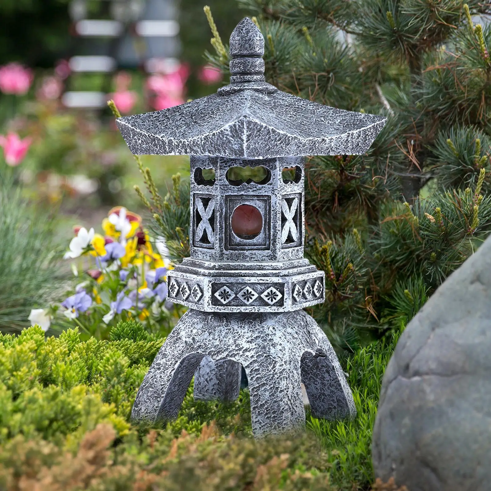 Solar Pagoda Lantern Stone Finish LED Outdoor Light for Courtyard Patio Lawn