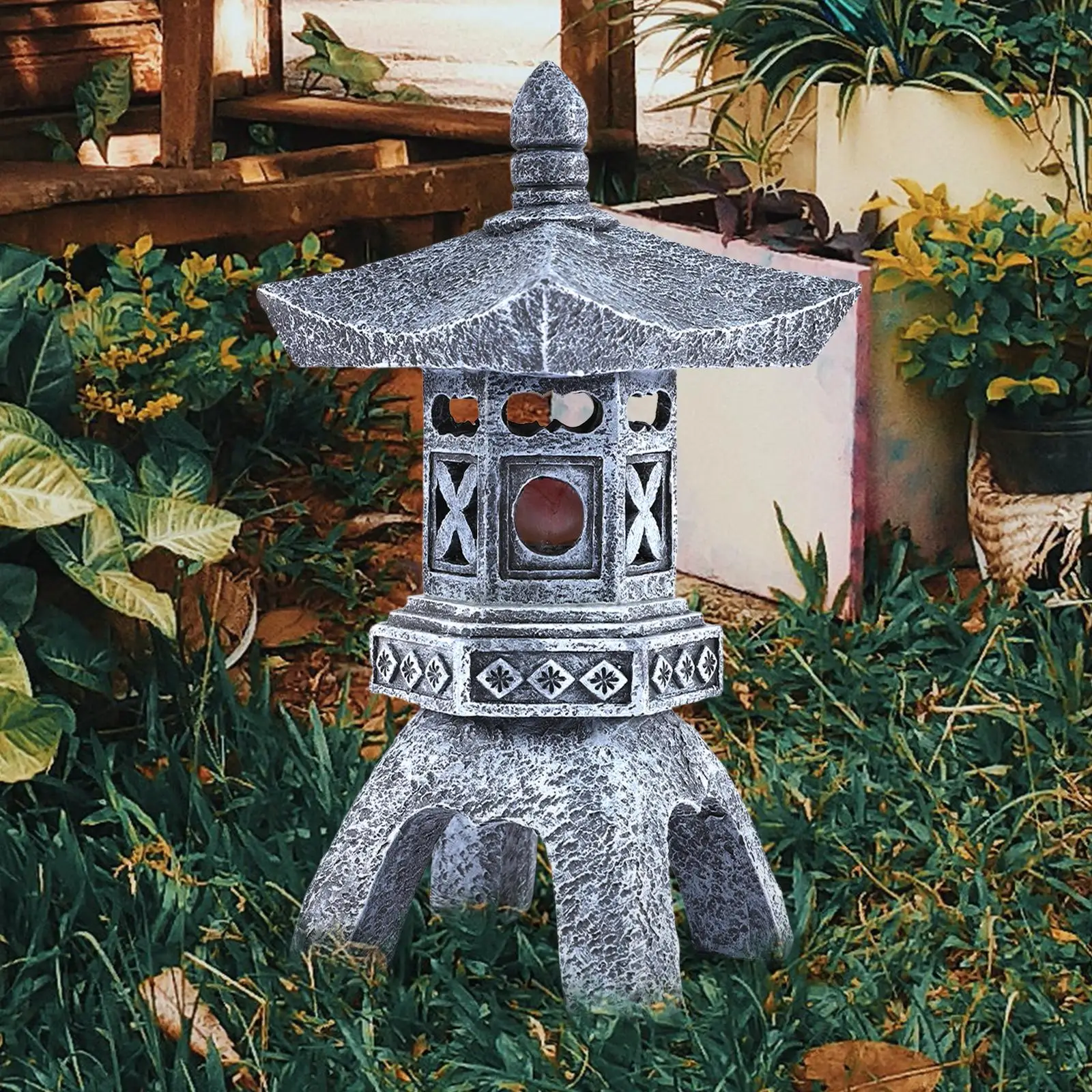 Solar Pagoda Lantern Sculpture Decorative Resin Asian Decor LED Outdoor Light Lamp for Porch Yard Patio Farmhouse Decoration