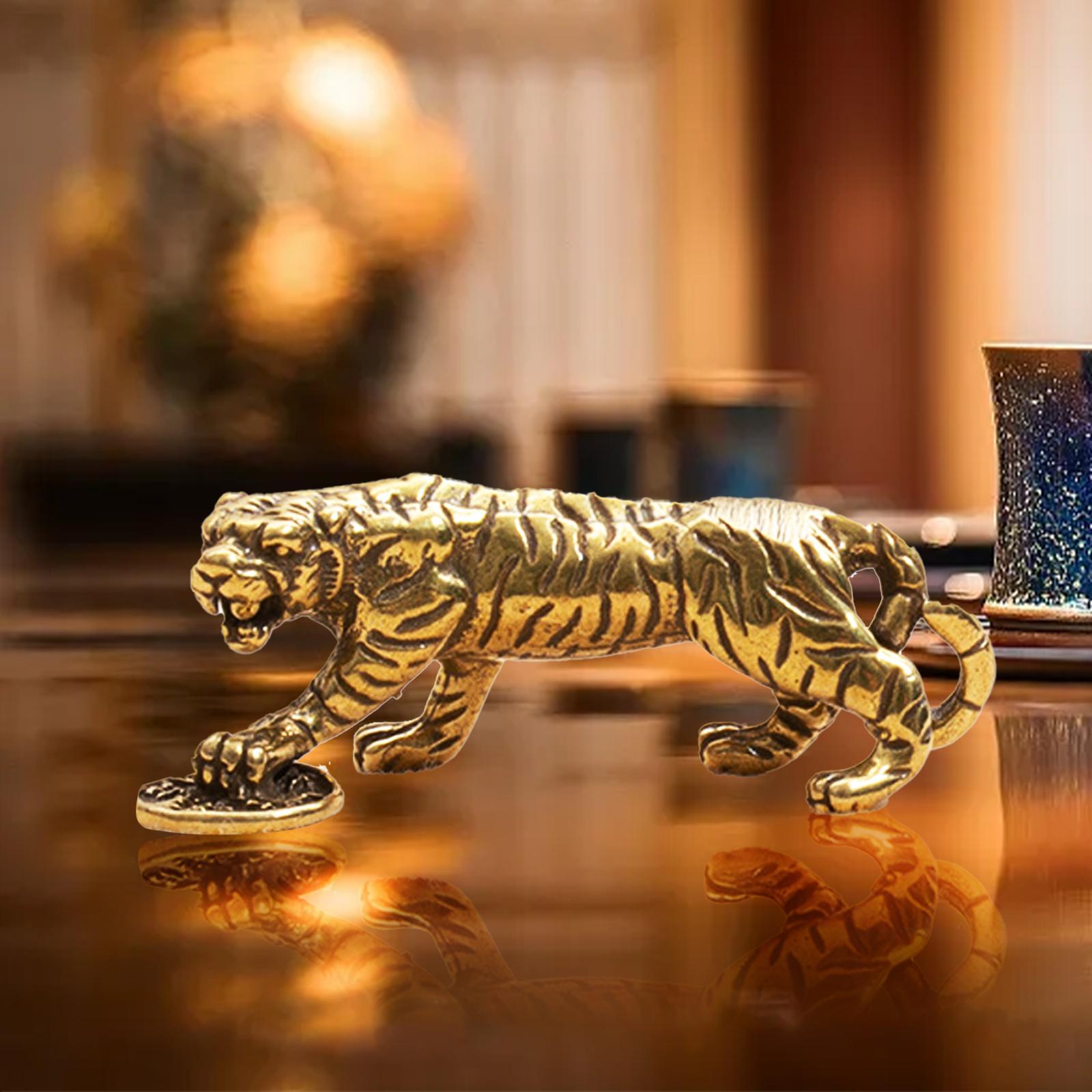 Brass Tiger Statue Figurine Home Antique Desktop Decoration Miniature Table Brass Animal Ornament Walking Tiger Sculpture