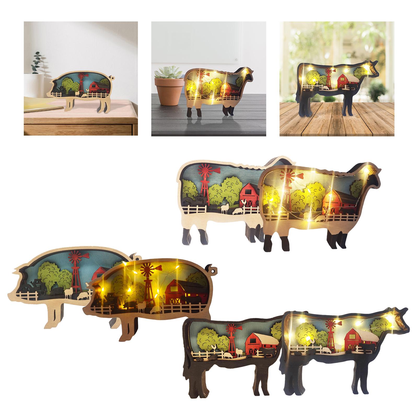 Wooden Animal Ornaments Wood Carving Layered Silhouette Pig/Sheep/Cow Statue