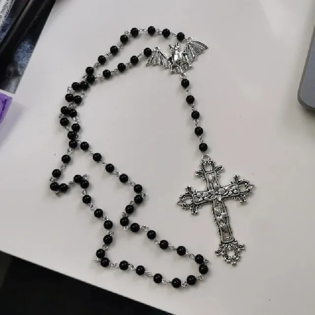 NW Grunge Necklace Gothic Punk Cross Rosary Black Beaded Crystal Goth Statement Emo Multi Layered Choker Necklace for Women Teen Girls