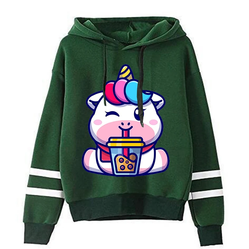 Streetwear Hoodie Fashion Cute Unicorn Drinking Boba Milk Tea Cartoon Hoodies Women Harajuku Sweatshirt  Female Pullovers Anime sweatshirts for women