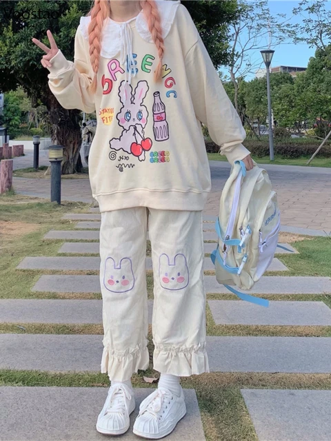 Japanese Kawaii Harajuku Teen Girls Loose Bear Embroidery Wild Leg Baggy  Pants Casual Female Sweet Cute Sweatpants Trousers - Pants & Capris -  AliExpress
