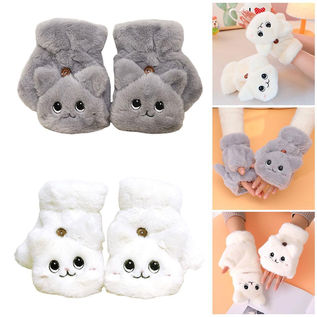Winter Fingerless Gloves Convertible Faux Fur Warm Half Finger Mittens for Women Girls