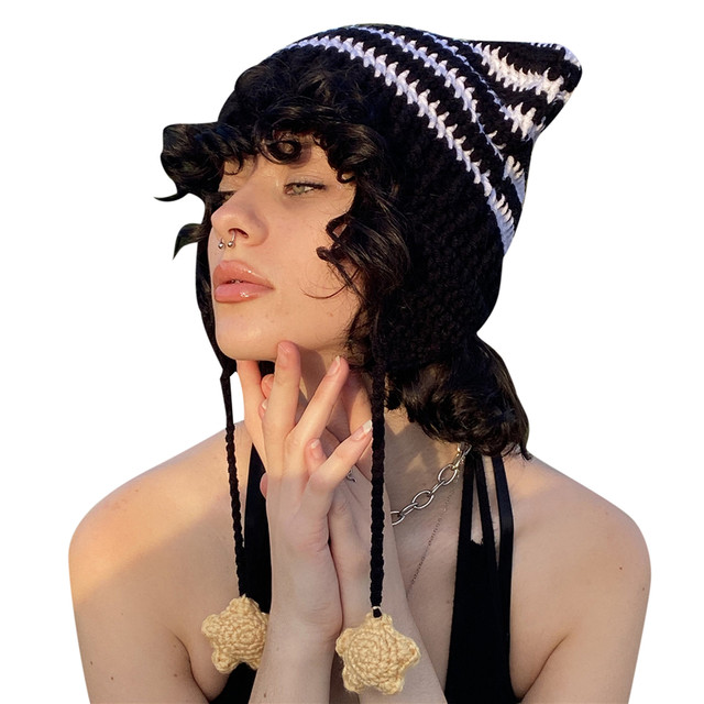 Xingqing Beanies y2k Aesthetic Grunge Goth Warm Cat Ear Striped Crochet Hat  2000s Women Kawaii Harajuku Caps Outdoor Accessories