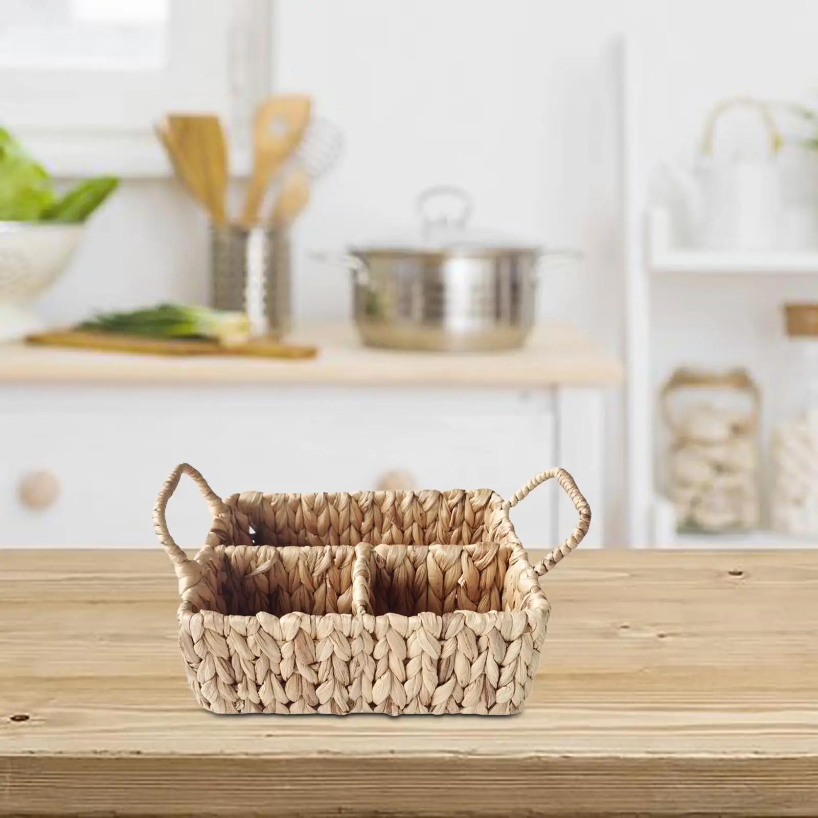 Rattan Woven Divided Storage Basket with Handles Versatile Handmade Snack Container 10x7.8x4inch for Organizing Tabletop Durable