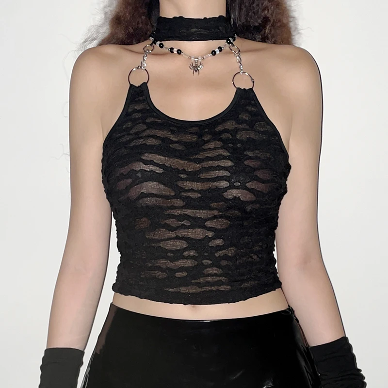 Gothic Dark Academia Black Halter Top Holes Ripped Sexy Backless Slim Fit Crop Top Y2K Aesthetic Harajuku Grunge Corset Vest