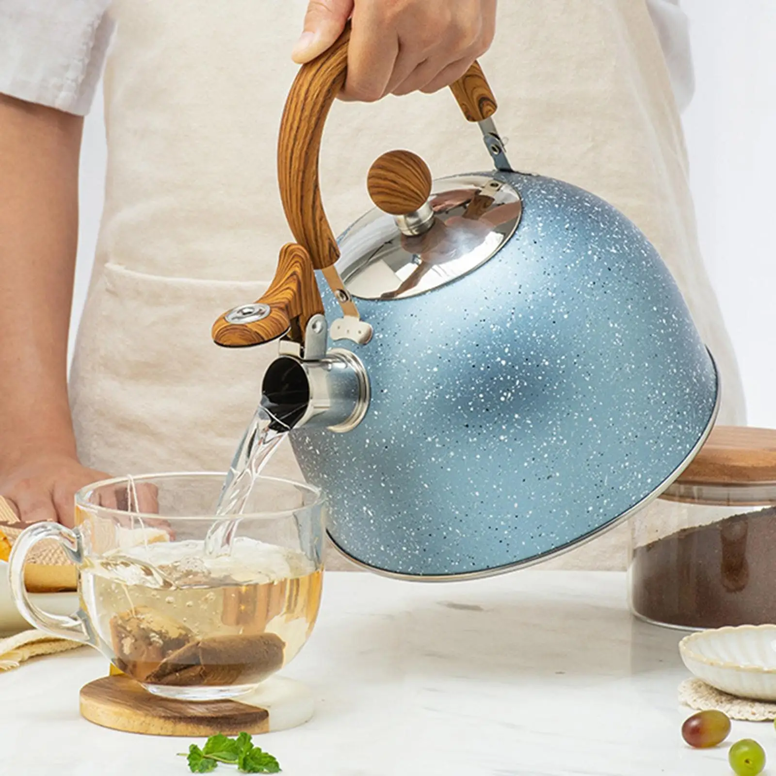Portable Whistling Kettle Sounding Kettle 2.5L Large Capacity with Wooden Handle Coffee Tea Kettle for Home Kitchen