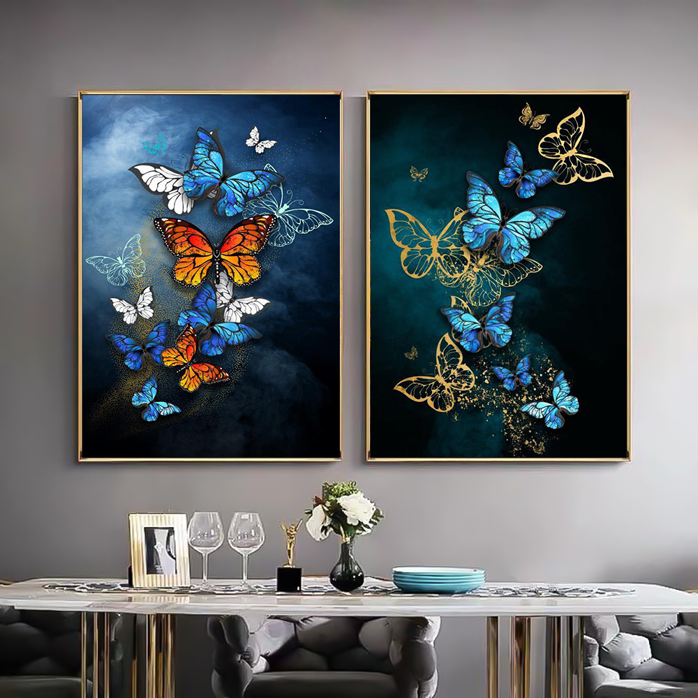 Gold Blue Butterfly Canvas Paintings Black Wall Art Prints Luxury Living Room Decorative Posters For Living Room Wall Decor Art