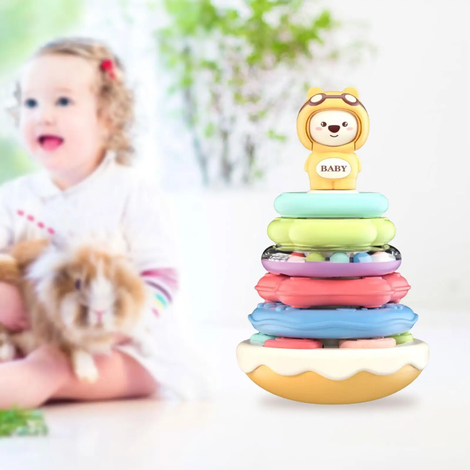 Tumbler Stacking Learn Educational Toy Face Change Nesting Circle Toy with Music Rattle Toy Shape Match for Age 6+ Months Baby