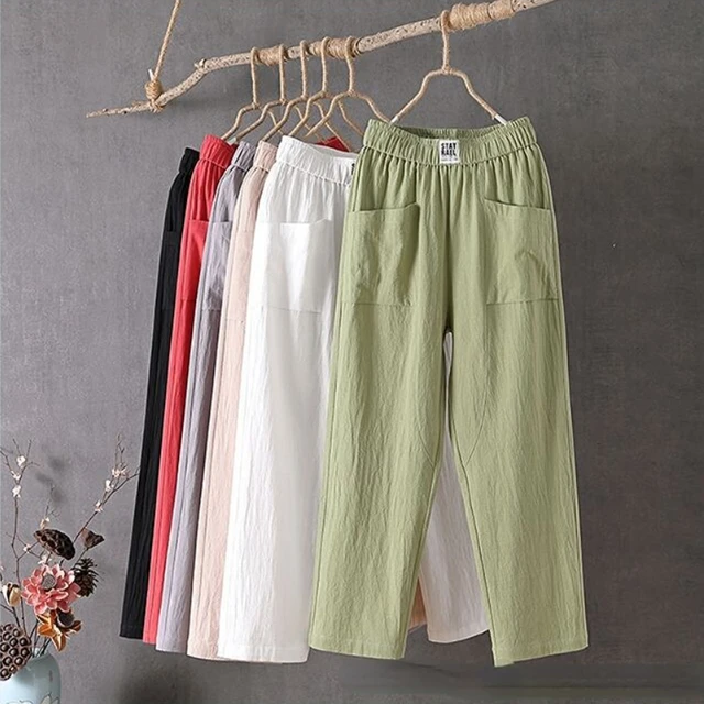 Casual Cotton Linen Wide Leg Pants Women Plus Size Loose Trousers Solid  Colors Spring Summer Thin Ankle-Length Pant Elastic 2XL - AliExpress