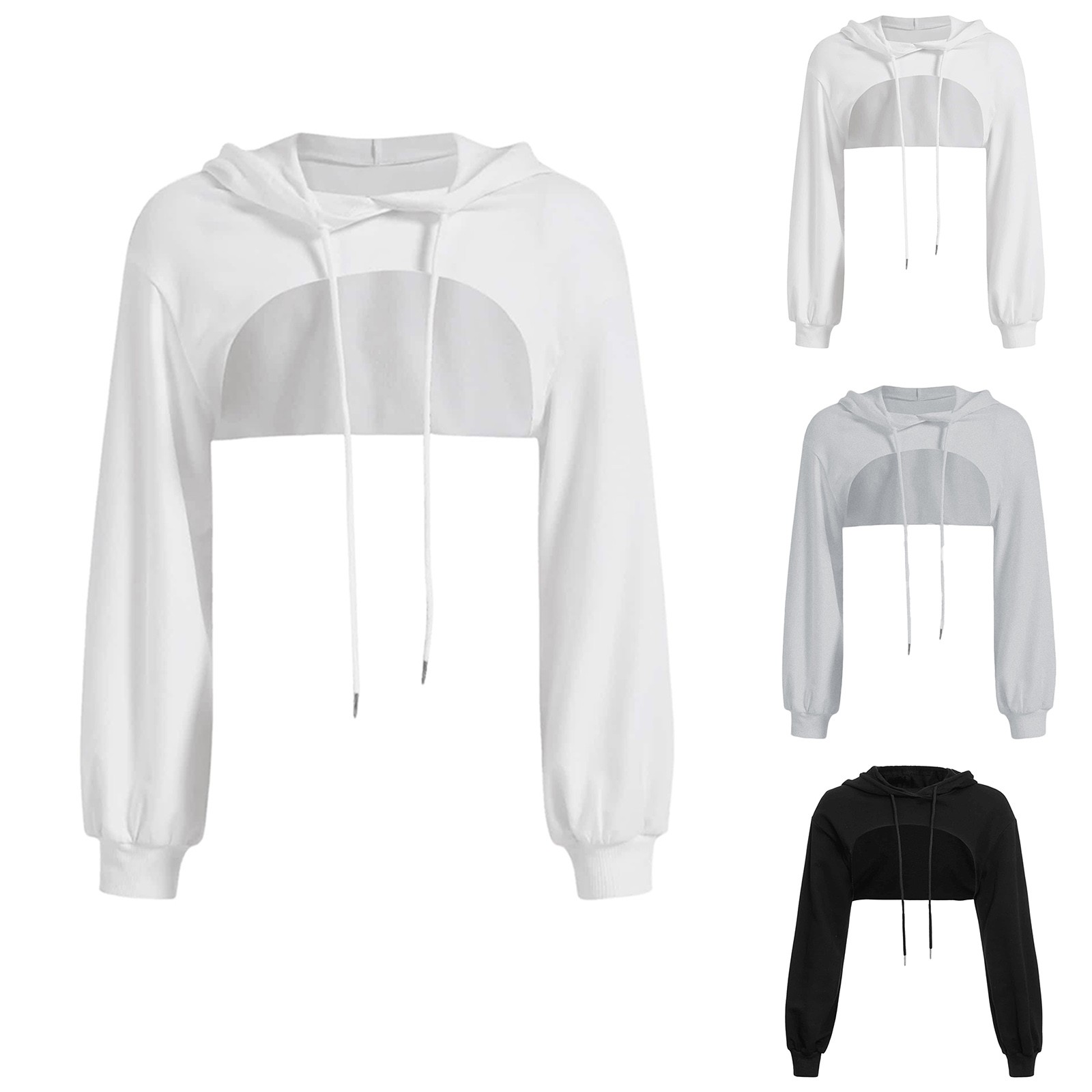 Title 1, Loose Long Sleeve Cropped Hoodies Solid Casual ...