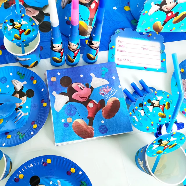 Fournitures de fête d'anniversaire sur le thème de Mickey Mouse – Les  décorations de fête d'anniversaire Mickey comprennent des assiettes à  dîner, des assiettes à dessert, des serviettes, des fourchettes, pour  vaisselle