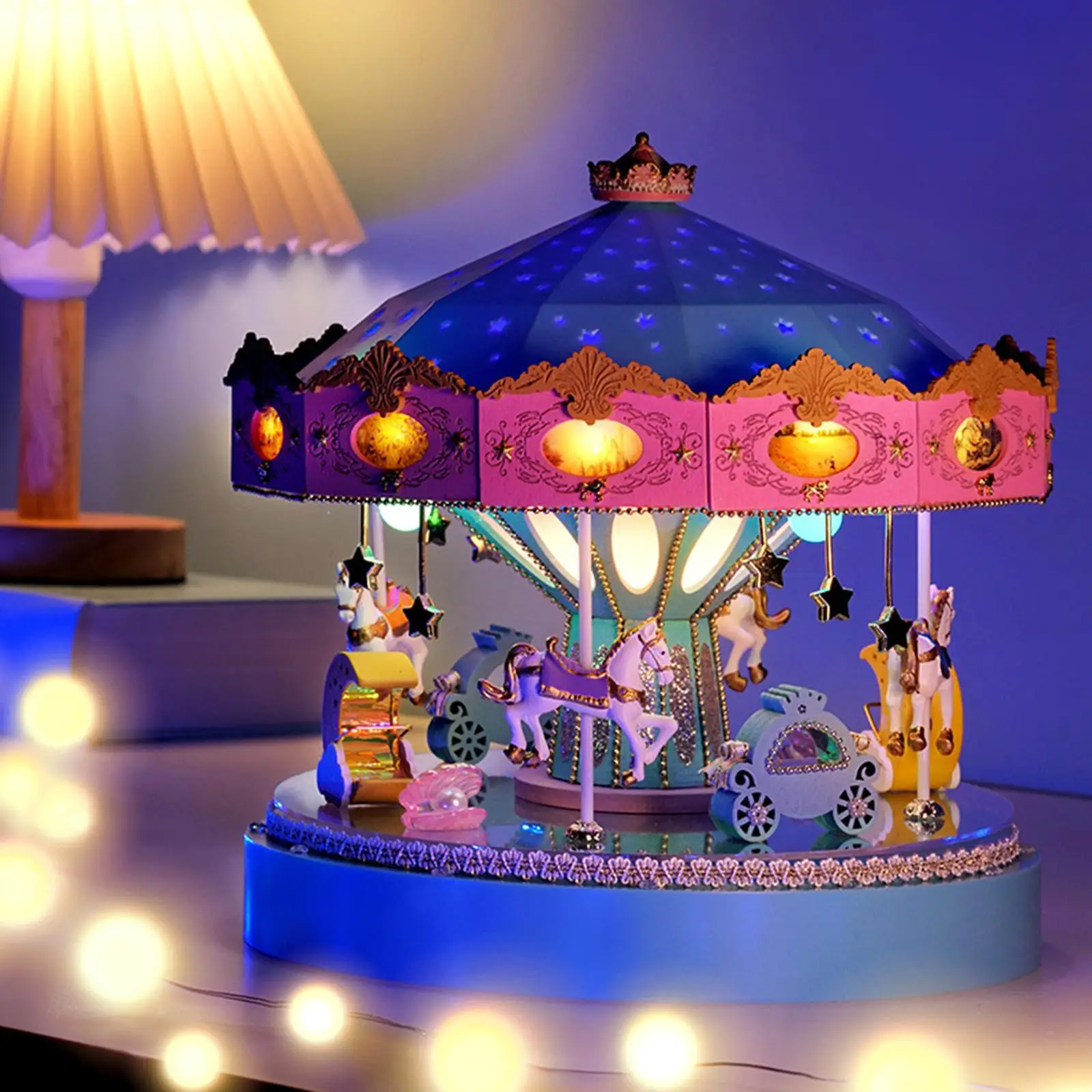 Wooden Miniature Fantasy Carousel Kit Dollhouse Table Decoration Little House