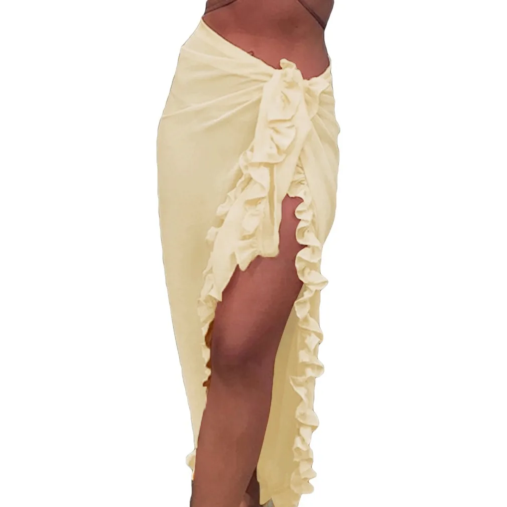 Women Sunscreen Half Dress Bikini Cover-Ups Ruffle Solid See-Through Chiffon Beach Holiday Casual Wrap Scarf Swimwear Skirt