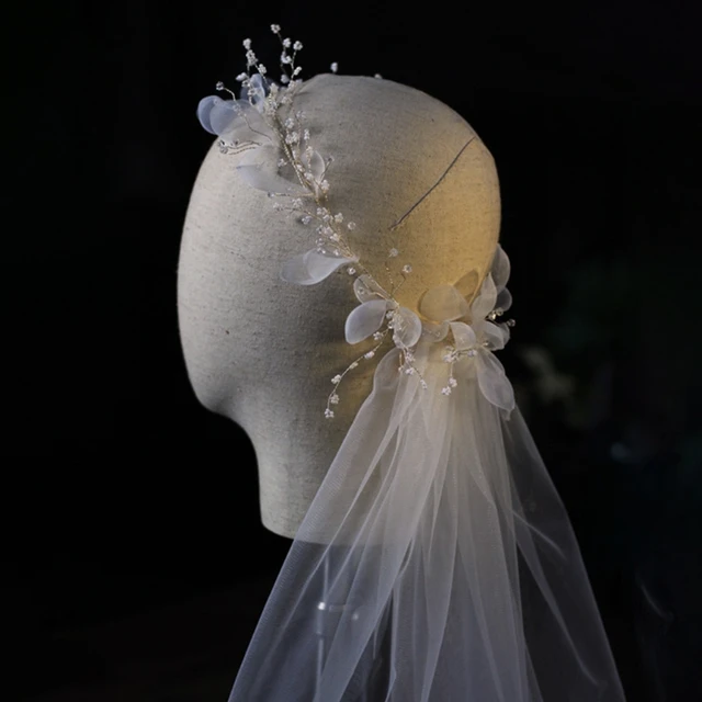 Couture Cascading One Sided Bridal Veil with White Lace Garland Headband