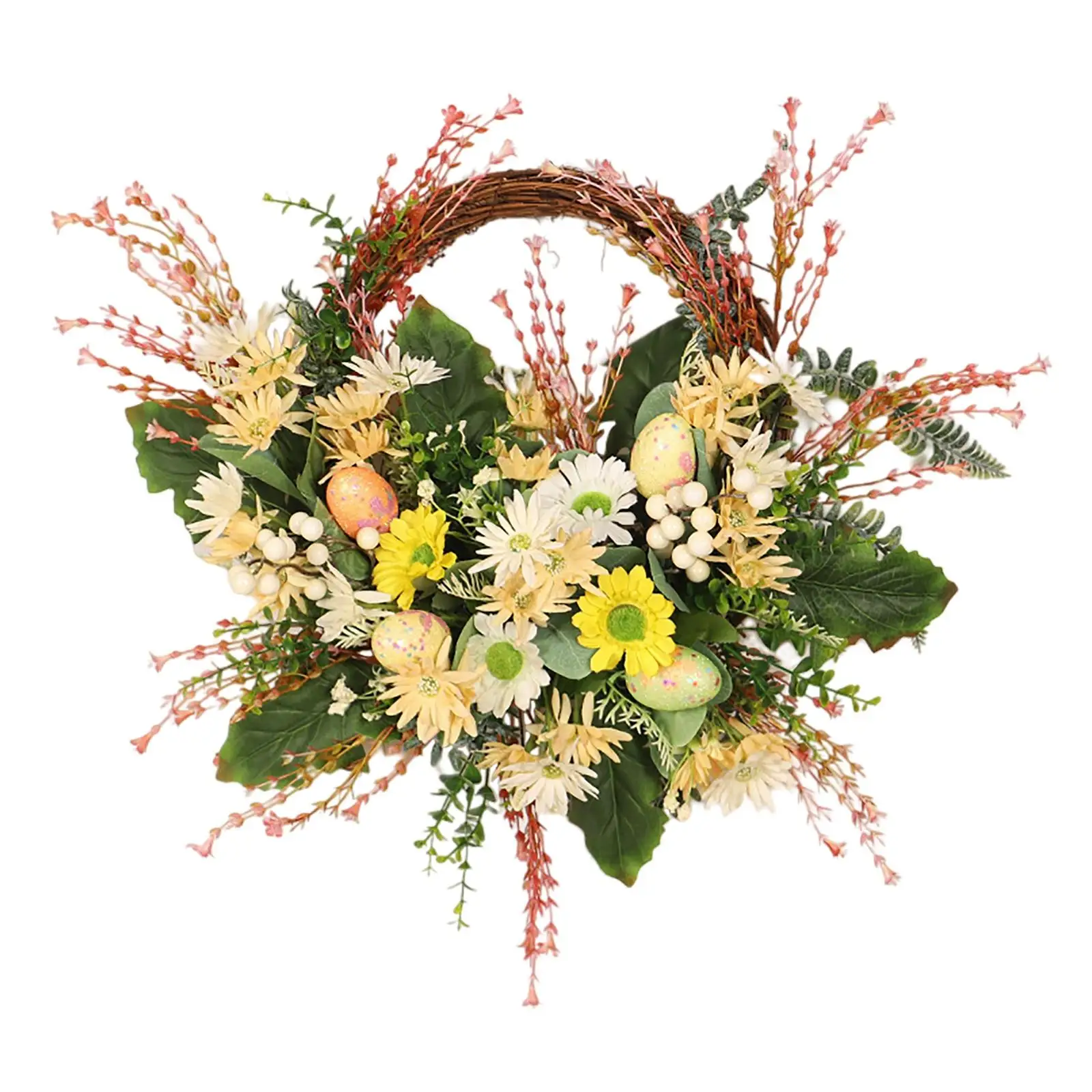 Easter Wild Chrysanthemum Wreath Garland Pastel Eggs Holiday Festival Wall Hanging Decorative Greenery Garden Ornament Window