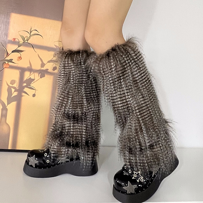 Y2K Goth Furry Faux Fur Women Leg Warmers Boot Covers Harajuku Lolita Girls Punk Fashion Cute Jk Hipster Warm Fluffies Leggings