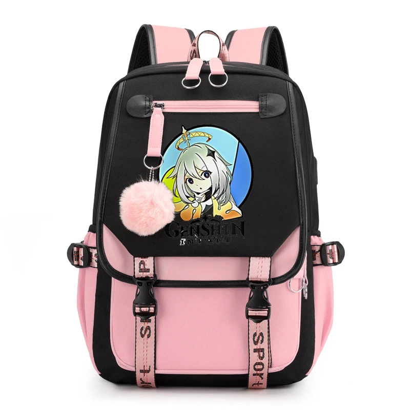 Genshin Impact Primary School Student Backpack Fashion Pink School Bags for Girls Waterproof Usb School Backpack Kids Satchel