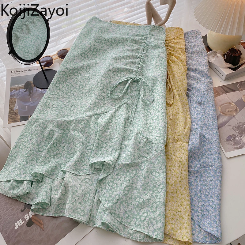 blue skirt Koijizayoi Women Irregular Drawstring High Waist Floral A-line Skirt Spring 2022 New Korean Sweet Floral Skirts Bottom Faldas green skirt