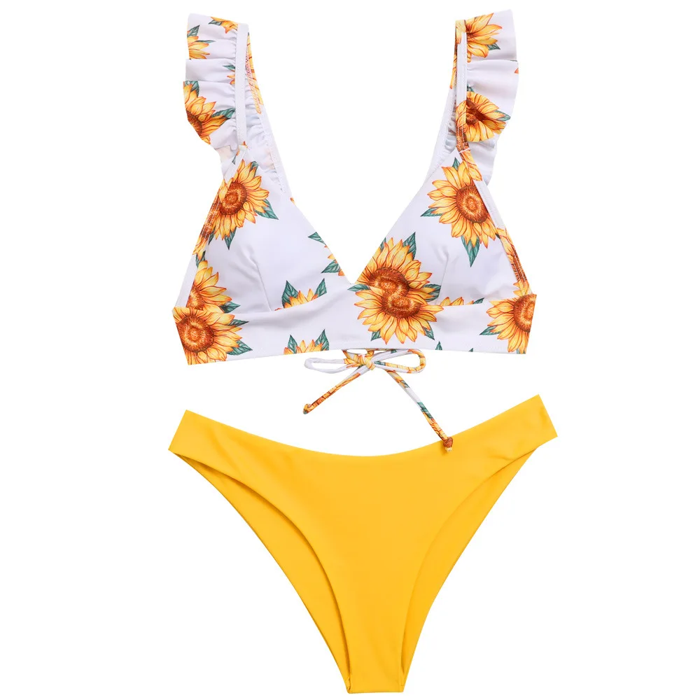 2023 New Sunflower Print Dresses Women Bikini Set Swimsuit Sexy Plus Size Swimwear Beach Bandage Bikini Mujer