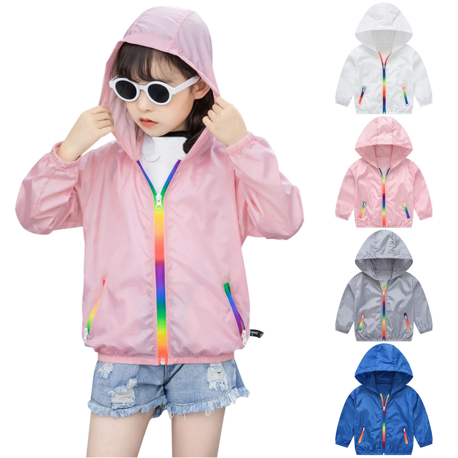 Baby Boys Girls Sunscreen Jackets Soild Colour Hooded Toddler Outerwear Zipper Summer Breathable Beach uv protection Clothing