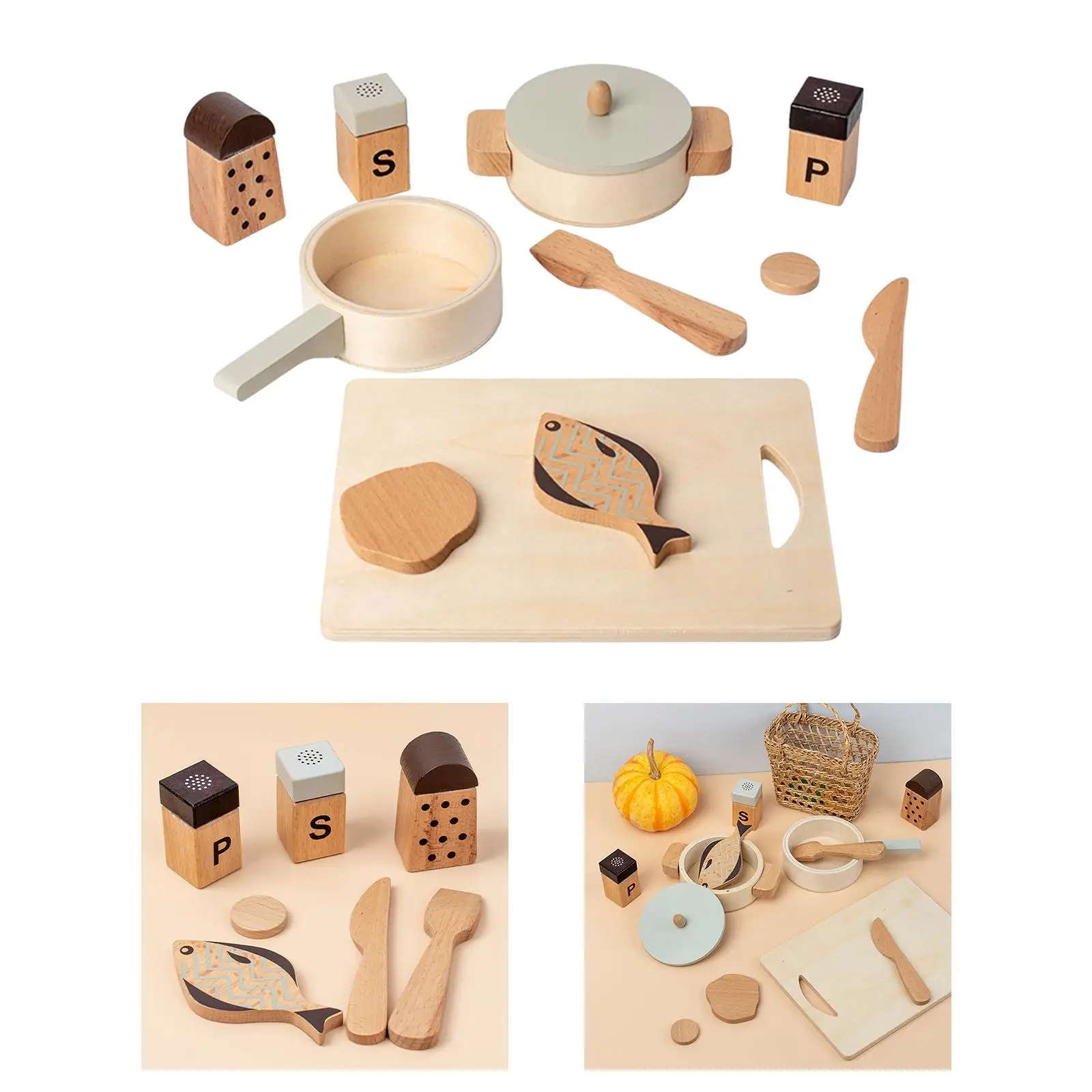 Wooden Kitchen Playset, Pretend Toy Pot Pan Spice Bottle Gift Cookware Simulation Cooking for Girls Boys Toddlers