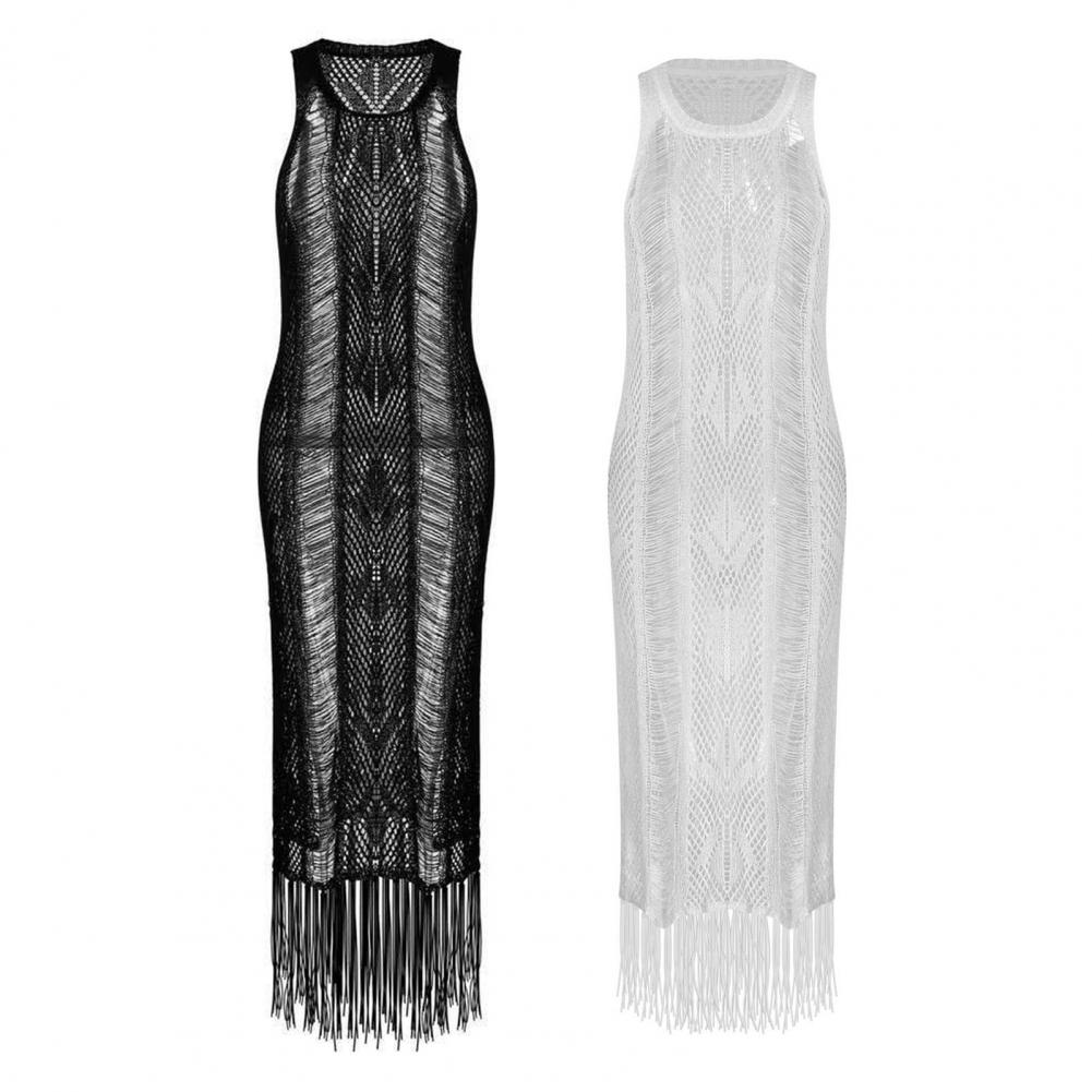 Estilo de Uma Etapa o Pescoço Perspectiva sem Mangas Longo para Praia Mulher Crochê Cobrir Bordado Malha Tassel Vestido 13 etapa o pescoço malha tassel perspectiva sem