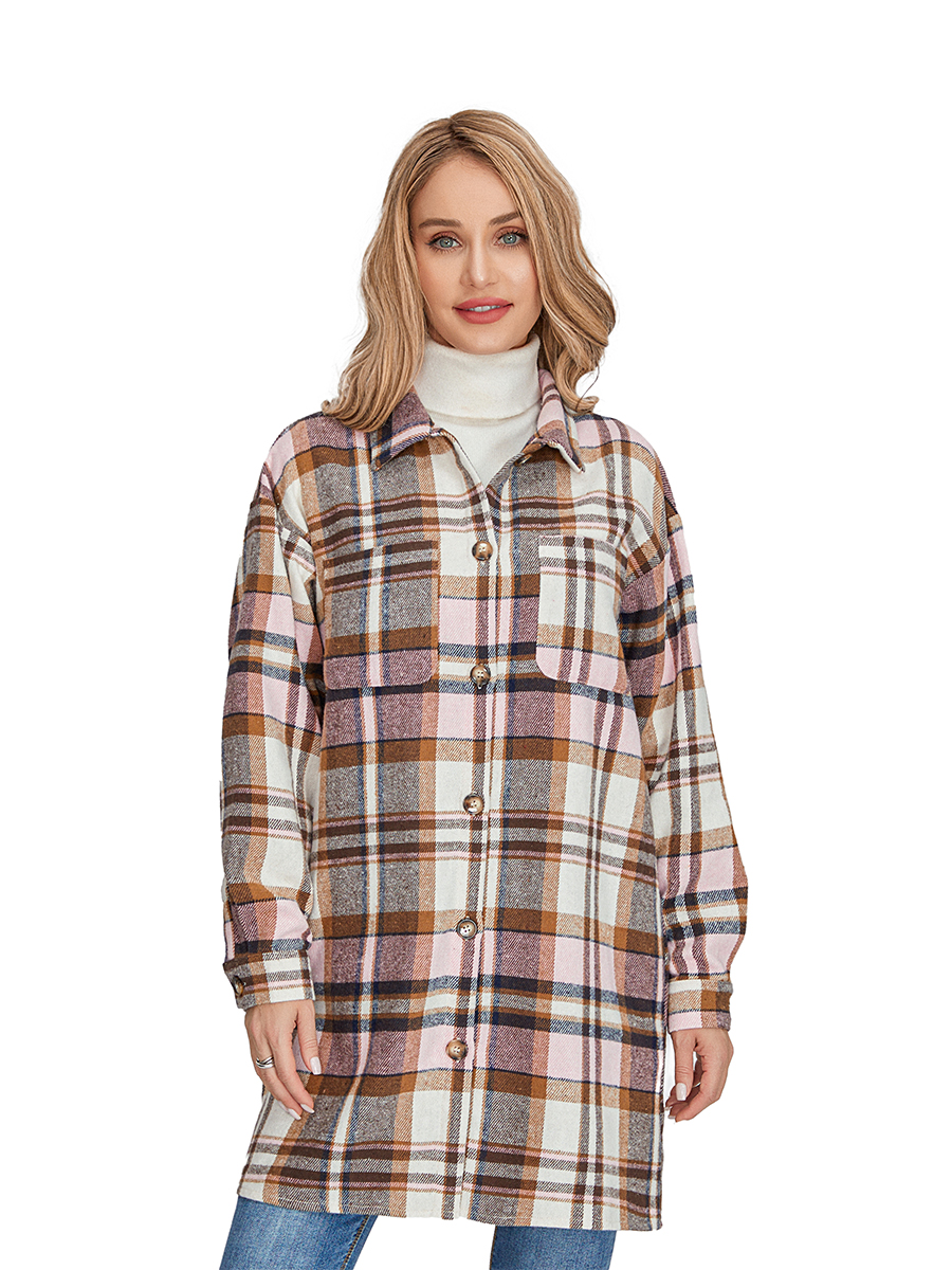 Women Long Sleeve Lapel Button Down Casual Plaid Shacket Jacket