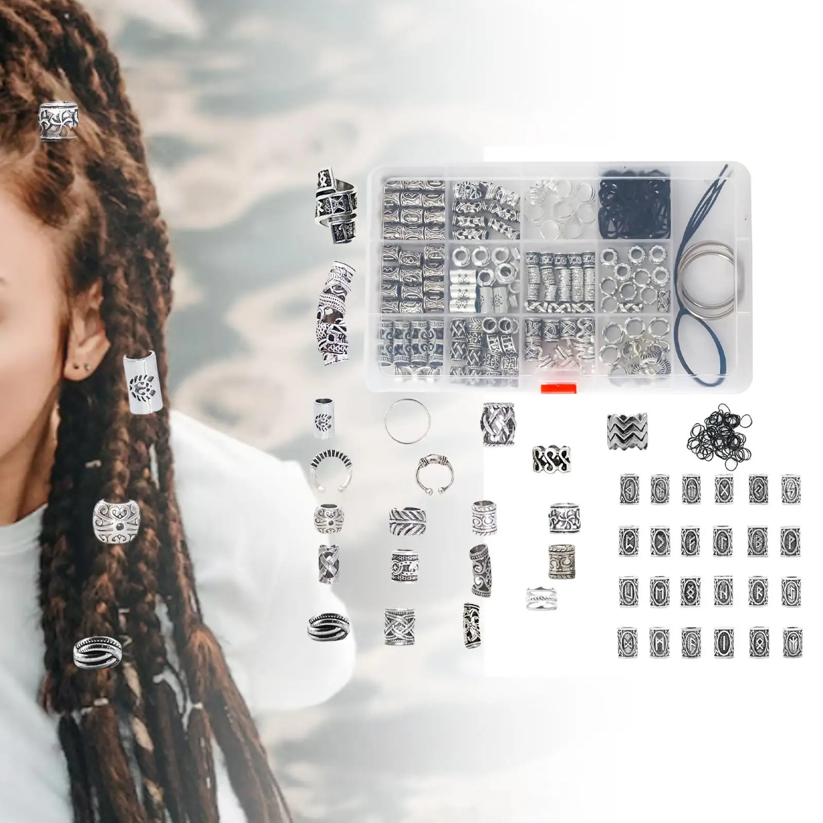 180 Pieces Mixed Dreadlocks Beads Tube Clips Pins Metal Cuffs Rings Accessories Decoration Hair Braiding Vintage Silver