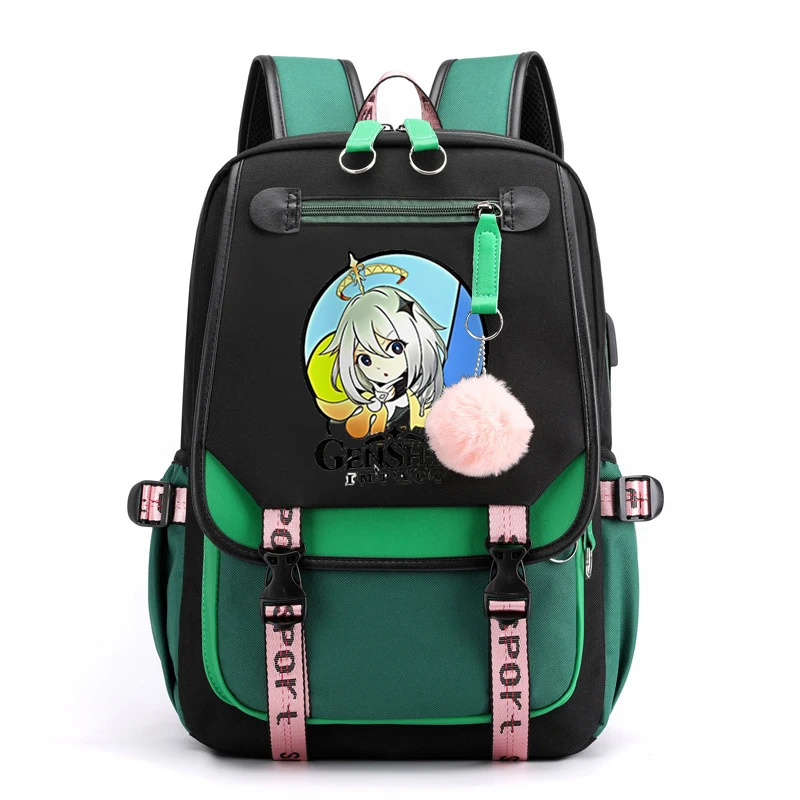 Genshin Impact Primary School Student Backpack Fashion Pink School Bags for Girls Waterproof Usb School Backpack Kids Satchel