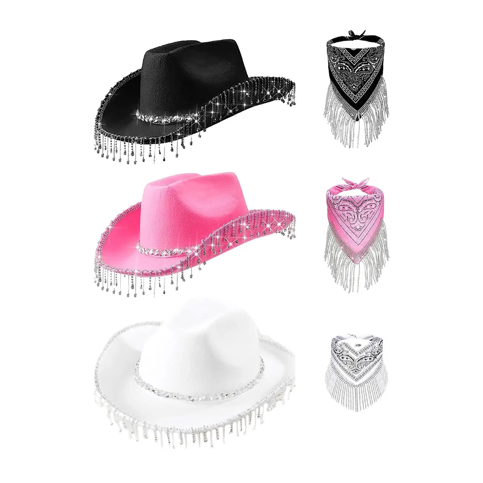 Cowboy Hat with Fringed Bandana Sun Hat Bling Tassels Big Brim Cap Cowgirl Hat for Women Men Party Holiday Summer Beach Carnival