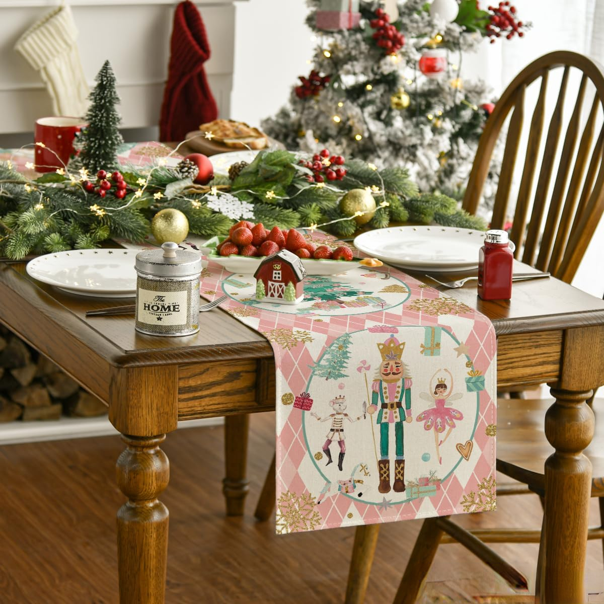Description Picture 3 of itemPink Plaid Nutcracker Snowflake Christmas Table Runner, Winter Kitchen Table Decoration, Suitable for Family Party Decoration