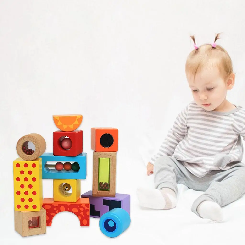 12Pcs/Set Wooden Geometric Shape Stack Block Puzzle Fine  Toys Building Blocks for Kids Toddlers Baby