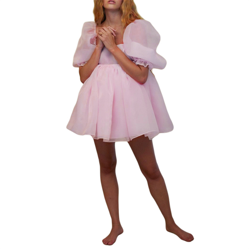 Puffy Dresses for Women y2k Aesthetic Solid Color Square Neck Bubble Sleeve Dress Sweet 2000s Party Dresses Streetwear