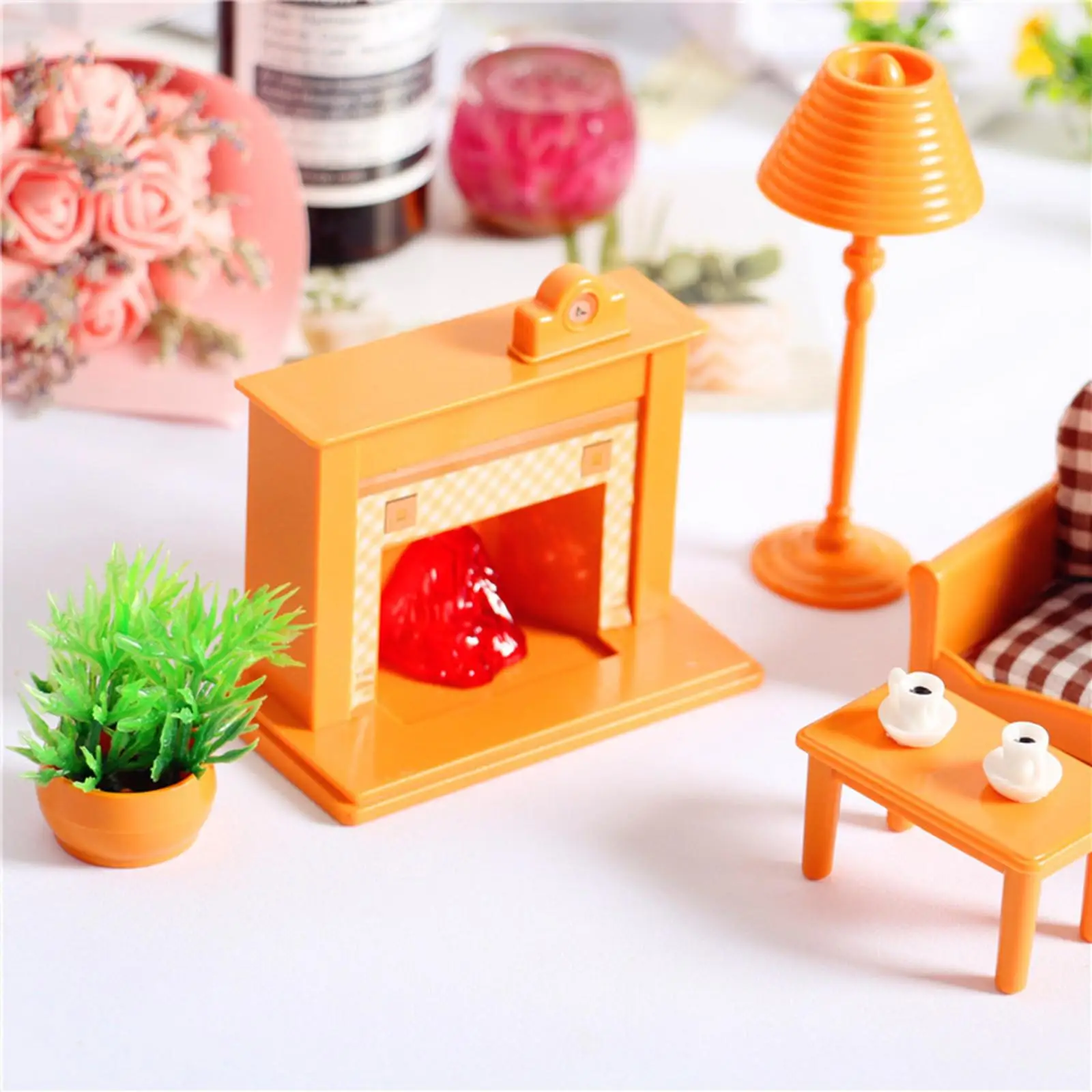 1:12 Dollhouse Accessory Toys, Miniature Fireplace and Potted Plant and Clock Mini Furniture Toy for Children Kids