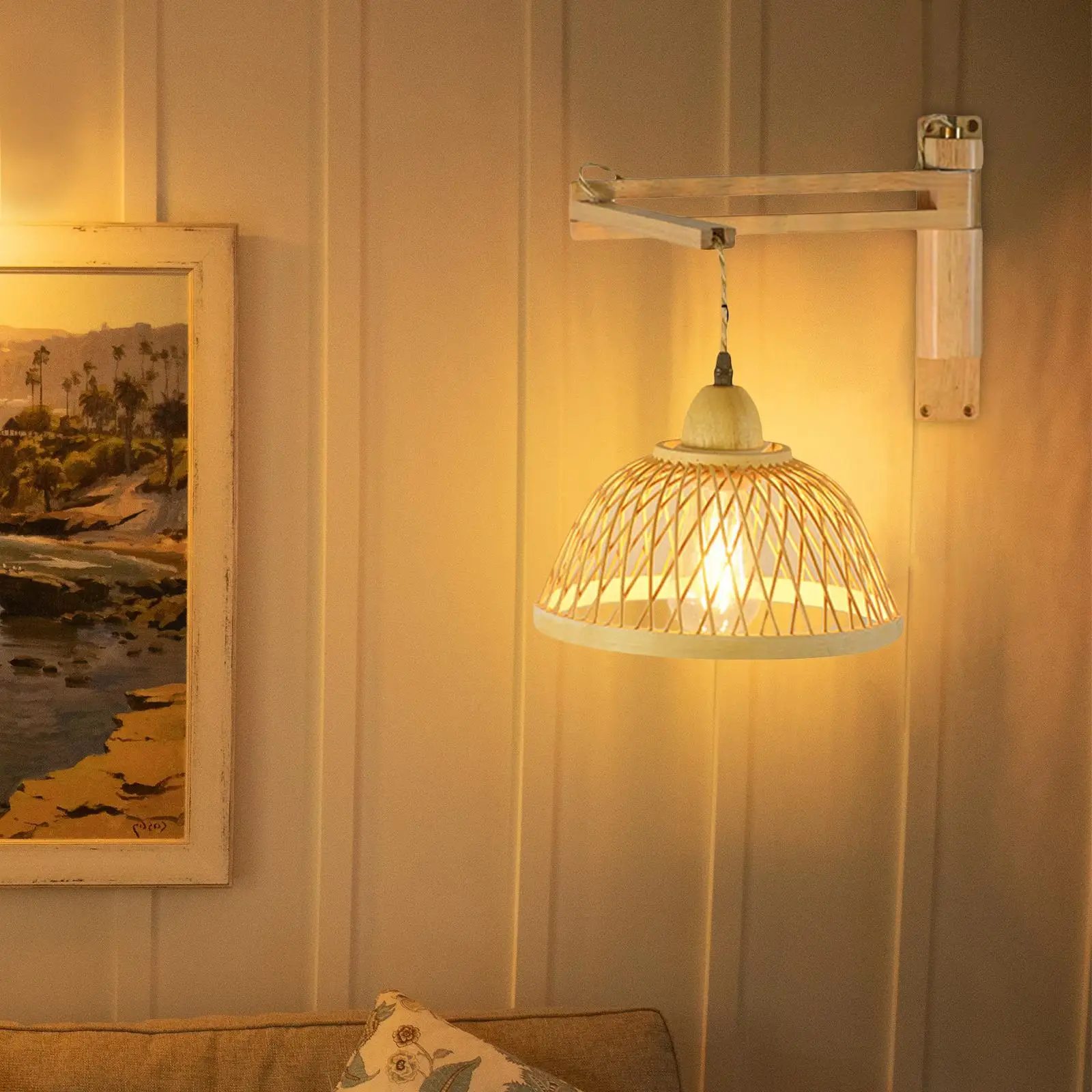 Rattan Wall Sconce Lighting Handmade Wall Lamp Fixture Boho Wall Mounted Bedside Lamp for Living Room Bedroom Bedside