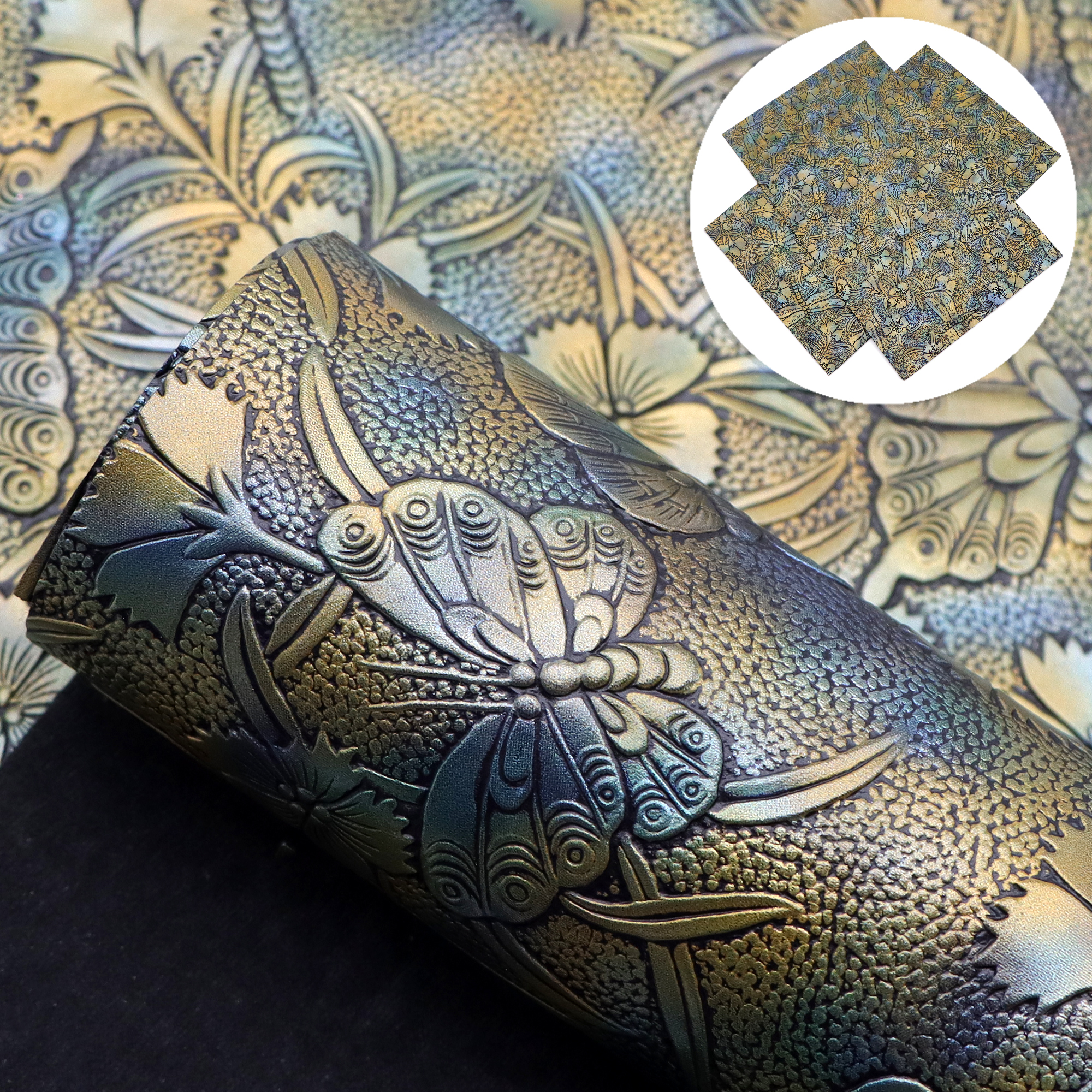 Description Picture 2 of itemMetallic Color Flower Faux Leather Sheets Dragonfly Flower Synthetic Leather Fabric Roll For DIY Earrings Bags Bows