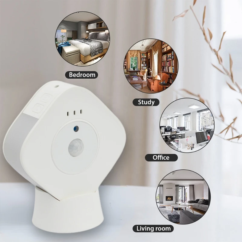 A white home security camera with motion detected feature.