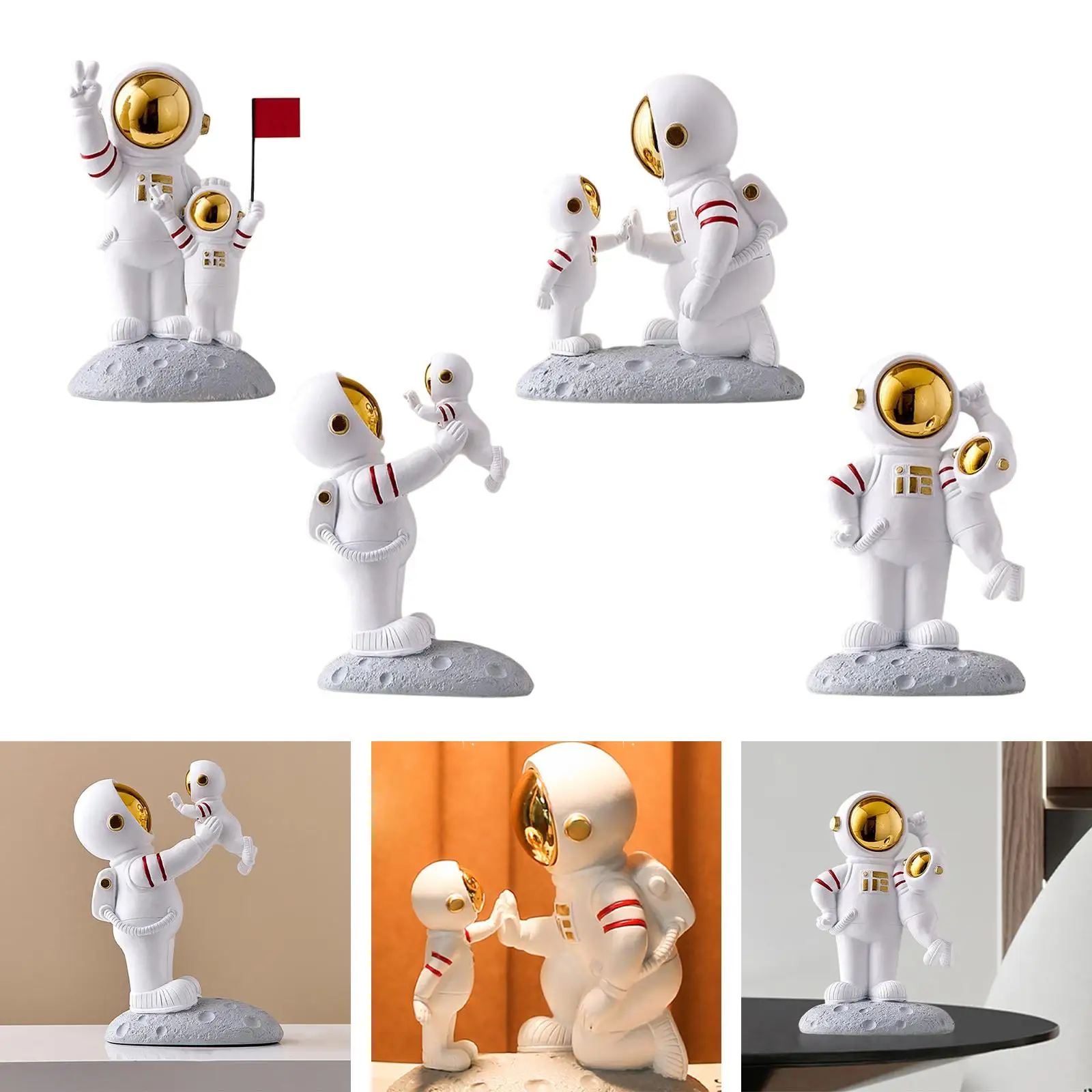 Father and Son Resin Astronaut Statue Sculpture Spaceman Figurines Planet Decorative Desktop Figures for Home Decor Cake Toppers