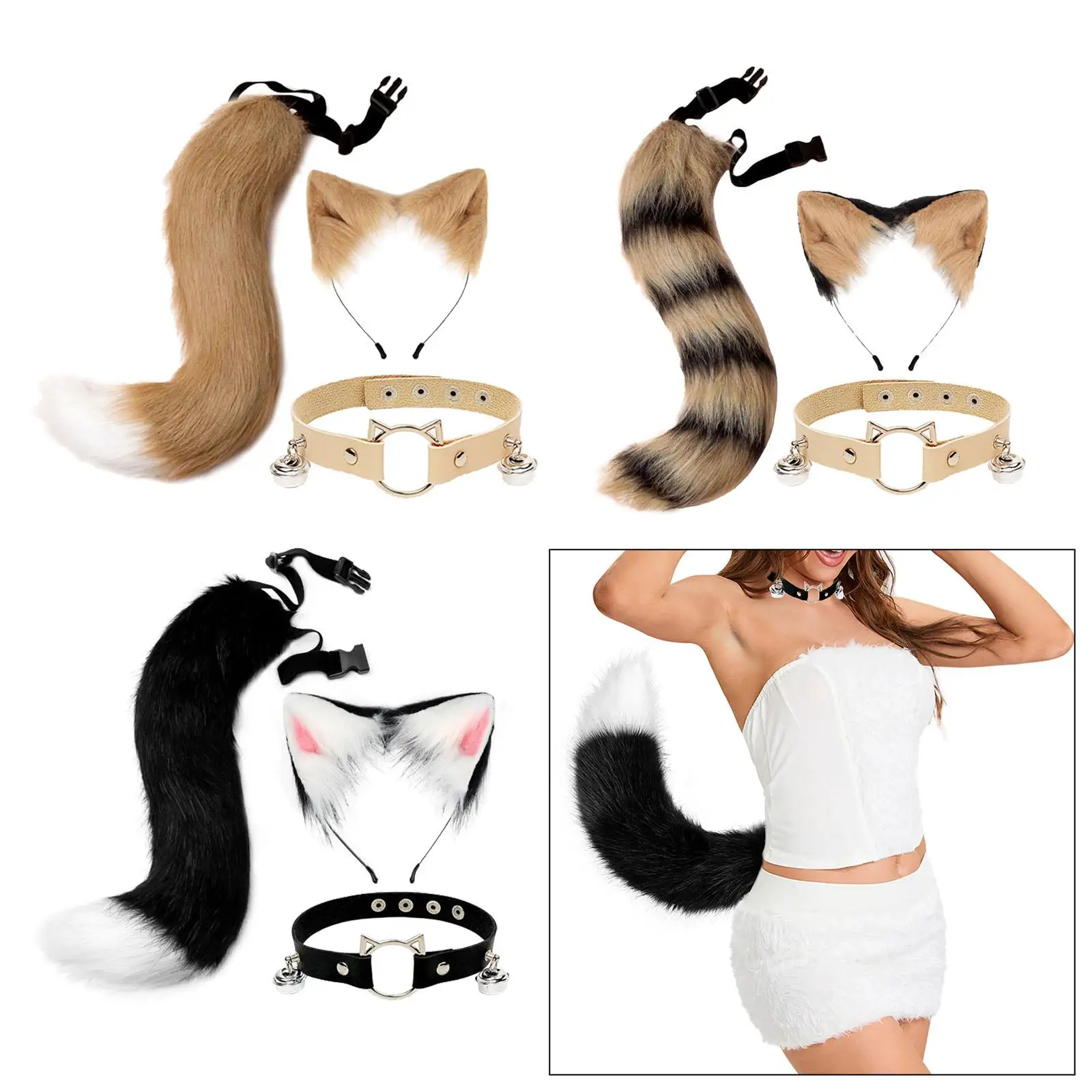 Plush Faux Fur Cat Ears and Tail Costume Dress up Headwear Hair Clip Decoration Gift for Party Kids Adult Role Play Stage Shows